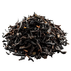 A pile of loose leaf tea, a dark and detailed macro view against a black backdrop