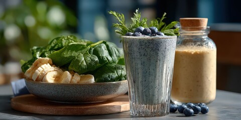 Bright kitchen scene showcasing a glass blender filled with healthy smoothie ingredients alongside a protein shake bottle