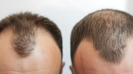 Fototapeta premium Hairline comparison: receding hair on two men's heads. Side-by-side view, showcasing hair loss, baldness concern, hair thinning, and male pattern baldness.