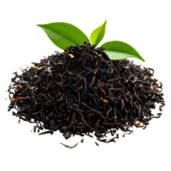 Dark tea leaves with green sprigs arranged in a heap, isolated on black