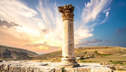 A towering classical column stands prominently against a vibrant, textured sky with wispy clouds. A rural landscape surrounds it