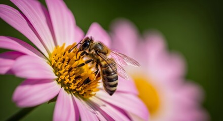 A close-up macro photograph of a honey bee collecting nectar from a vibrant pink flower, highlighting the importance of pollinators in nature and the intricate beauty of the natural world.

