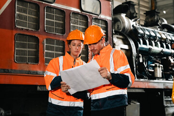 Engineers wearing safety helmets inspecting railway blueprint beside a vintage locomotive,...
