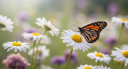 Naklejka premium A vibrant monarch butterfly delicately perched on a blooming daisy flower in a sunlit spring meadow, surrounded by wildflowers and soft green hues, symbolizing beauty, transformation, and nature.