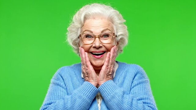 Excited senior woman with glasses smiling happily on green screen.