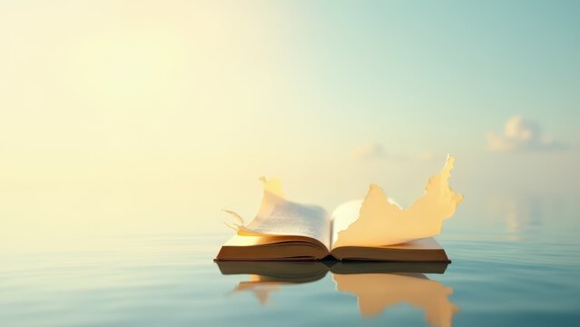 Open book floating on water under sky