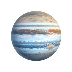 Vividly colored gas giant, with swirling bands, isolated against a black background