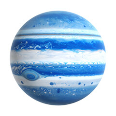 A vibrant planet with blue and white bands, swirls, and spots, against a black void