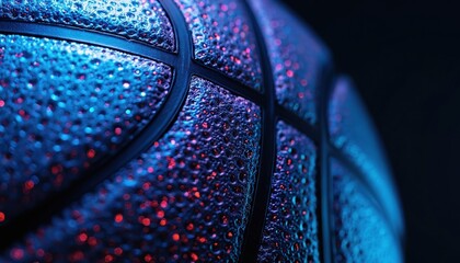 Closeup basketball texture with blue and red neon lights. Wet surface with water drops. Dark background for sport or gaming themes. Futuristic effect.