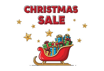 Festive Christmas sale with a sleigh full of gifts and sparkling stars