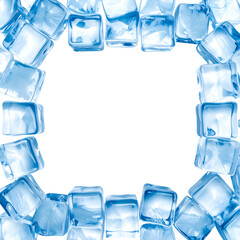 Square frame formed by transparent, blue-toned ice cubes, centered on black background