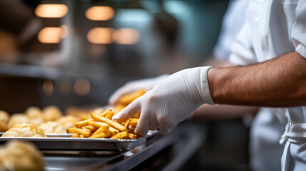 Chef prepares a tray of french fries and pastries, carefully arranging them with gloved hands in a commercial kitchen. Fresh, hot, and ready to be served.