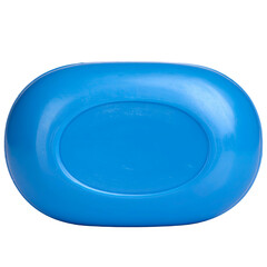 Overhead view of a plastic blue container with an oval depression, set against black