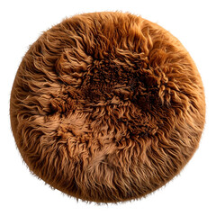 A circular, fluffy cushion with thick, textured brown fur on a dark background