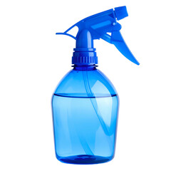 A blue, transparent plastic spray bottle filled with clear liquid against a dark background