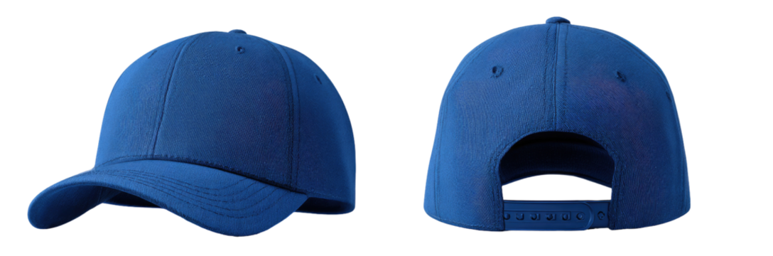 Two views of a solid blue baseball cap (1)