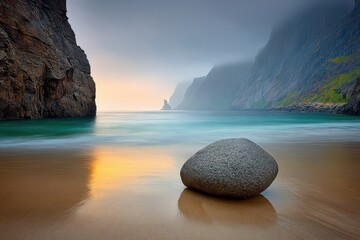 A serene seascape view of a beach with golden sand reflecting the soft light, framed by rocky cliffs, and a calm sea extending to the distant horizon under a cloudy sky.