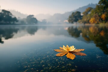 A serene view of a peaceful lake with a floating leaf, reflecting the calm water, surrounded by green trees and mist-covered hills in the soft morning light.