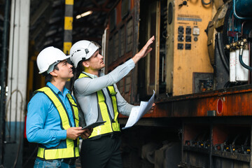 Engineers wearing safety helmets inspecting railway blueprint beside a vintage locomotive, symbolizing teamwork, innovation, and development in modern rail transportation and infrastructure projects