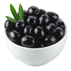 A white bowl brimming with glossy black olives, some with holes, accented by green leaves