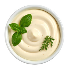 Overhead close-up of creamy, swirled condiment in a white bowl, garnished with herbs