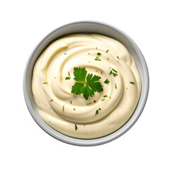 A top-down shot of creamy white sauce artfully swirled in a white bowl, garnished