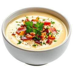 A creamy, thick soup in a white bowl, garnished with bacon, parsley, and pepper