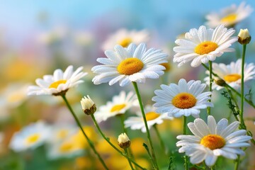 Fototapeta premium Close-up shot of vibrant daisy flowers bathed in early morning light with a blue sky, dew glistening on their petals, creating a fresh, cheerful atmosphere.