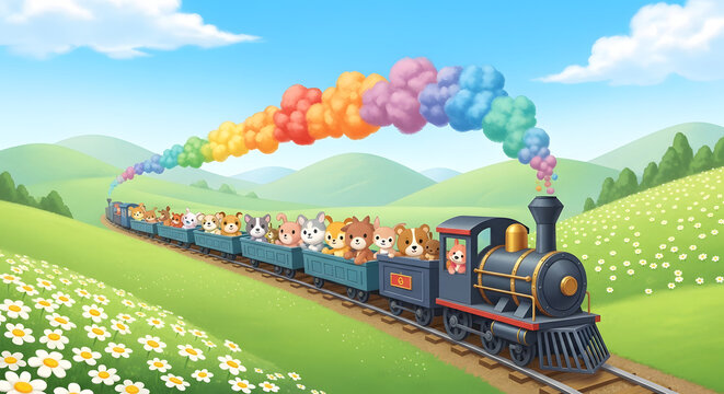 Joyful cartoon train carrying adorable animal friends through a vibrant, flower-filled landscape under a clear blue sky