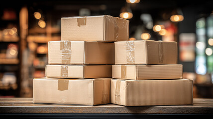 Stacked shipping boxes on a worktable in a shop environment, representing small business fulfillment readiness and reliable retail packaging for online orders.
