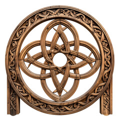 Intricate wooden Celtic knot design, circular frame with swirling details