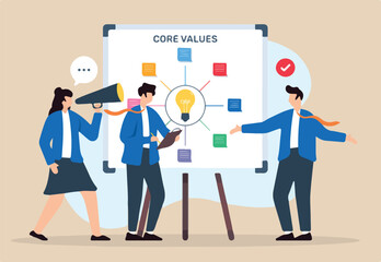 Vector illustration of business team defining core values with sticky notes on whiteboard company culture