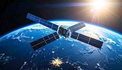 A satellite, with extended solar panels, orbits a detailed, illuminated Earth, with a bright sunburst effect in the upper-right