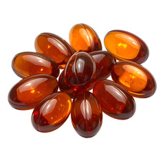 Close-up of a cluster of glossy, amber-colored oval capsules on a black background