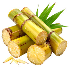 A close-up shot displays freshly cut sugarcane stalks and green leaves