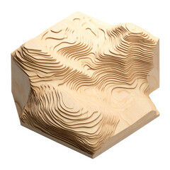 Isometric view of a wooden topographical model, illustrating contours and elevation