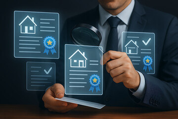 Businessman analyzing real estate listings with digital property icons and virtual interface