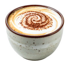 Creamy cappuccino in a ceramic cup, featuring a cocoa swirl design on top