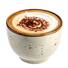 Creamy cappuccino in a speckled ceramic cup, dusted with cocoa, swirling foam