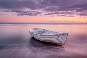 Fototapeta premium A serene coastal scene featuring a weathered rowboat beached at sunset, with the tranquil water reflecting the pastel sky and soft hues of the twilight, creating a peaceful ambiance.