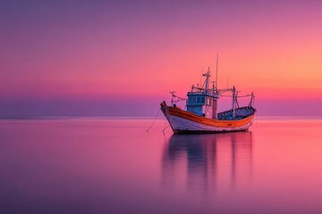 Fototapeta premium A vintage fishing boat rests peacefully on serene waters at sunset, with a vibrant sky casting a colorful and tranquil reflection in the calm sea, creating a picturesque scene.