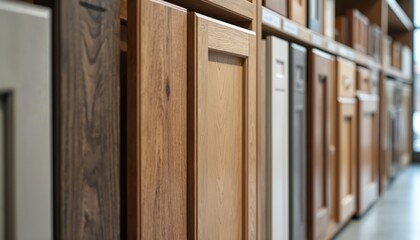 Variety of kitchen cabinet doors displayed in spacious modern showroom. Different wood textures, colors, finishes provide many great design options for homeowners. Customers choose new fronts for