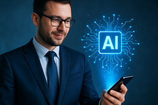 Businessman Using Smartphone with AI Technology and Digital Circuit Visualization