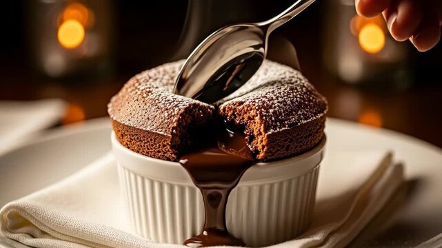 Chocolate souffle dessert molten center powdered sugar served warm in white ramekin perfect treat