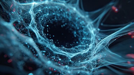 Abstract blue light tunnel with glowing particles swirling. Digital data network connection. Technology concept background for modern graphics.