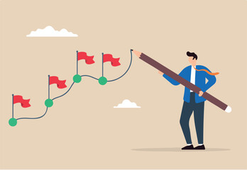 Flat illustration of businessman draw workflow line with achievement flag on progress map project milestone working process tracking work experience journey