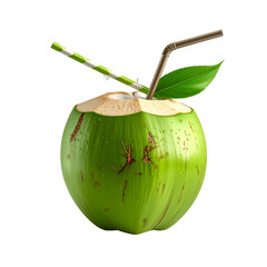 A freshly cut green coconut, straw inserted, with a leaf. Droplets visible. Black background