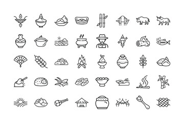 Vector art of assortment of cultural and traditional icons representing agriculture, food preparation, rural life, and historical elements