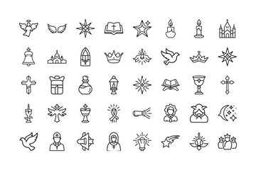 Vector art of set of line art icons symbolizing religion, spirituality, and faith, including religious symbols and architectural elements