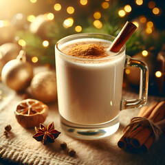 A glass mug of creamy eggnog topped with nutmeg powder and a cinnamon stick, cozy Christmas background, warm golden lighting, soft depth of field, realistic drink composition